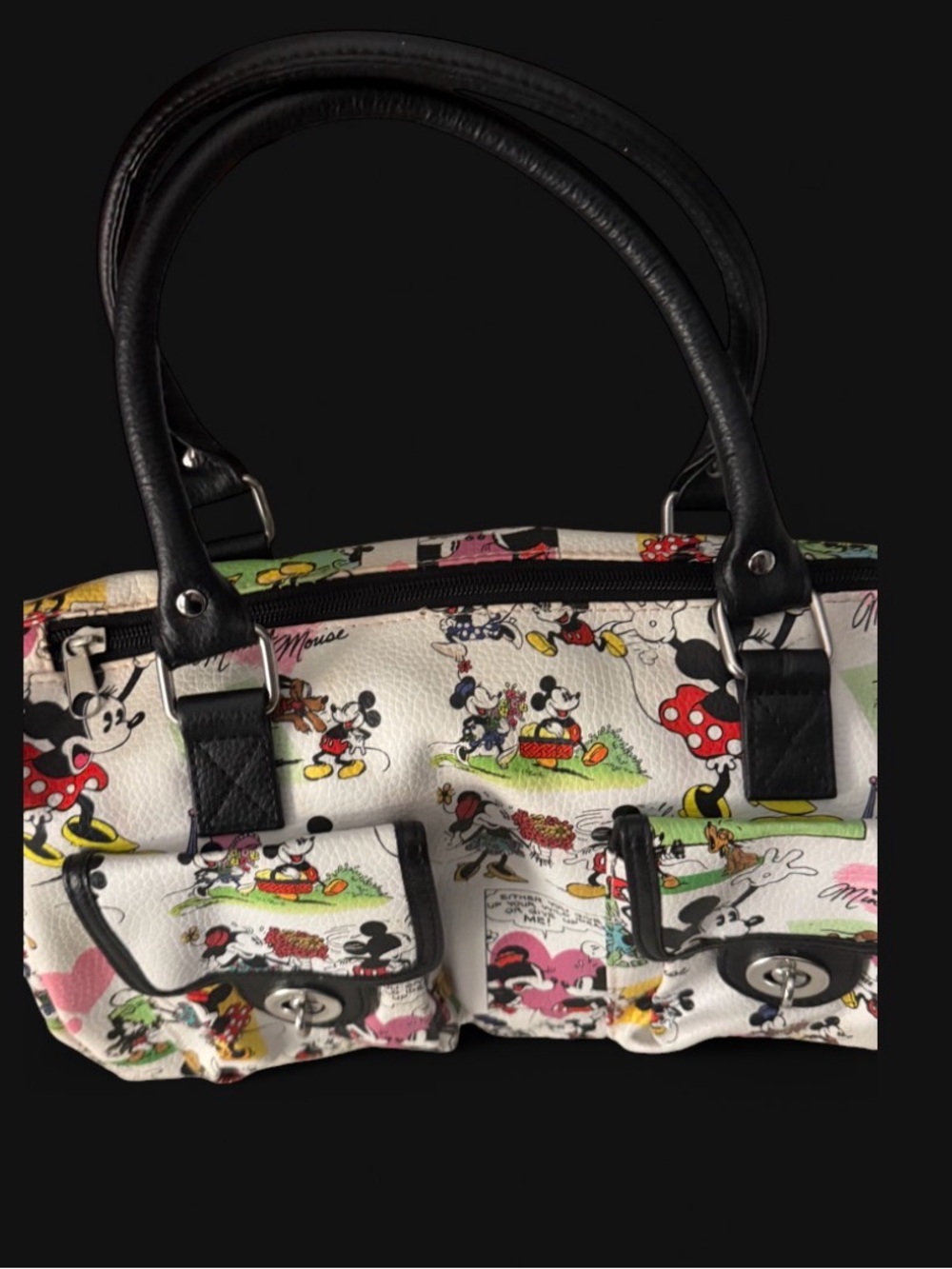 Disney White Multicolor Mickey & Minnie Print Shoulder Bag with Black Handles